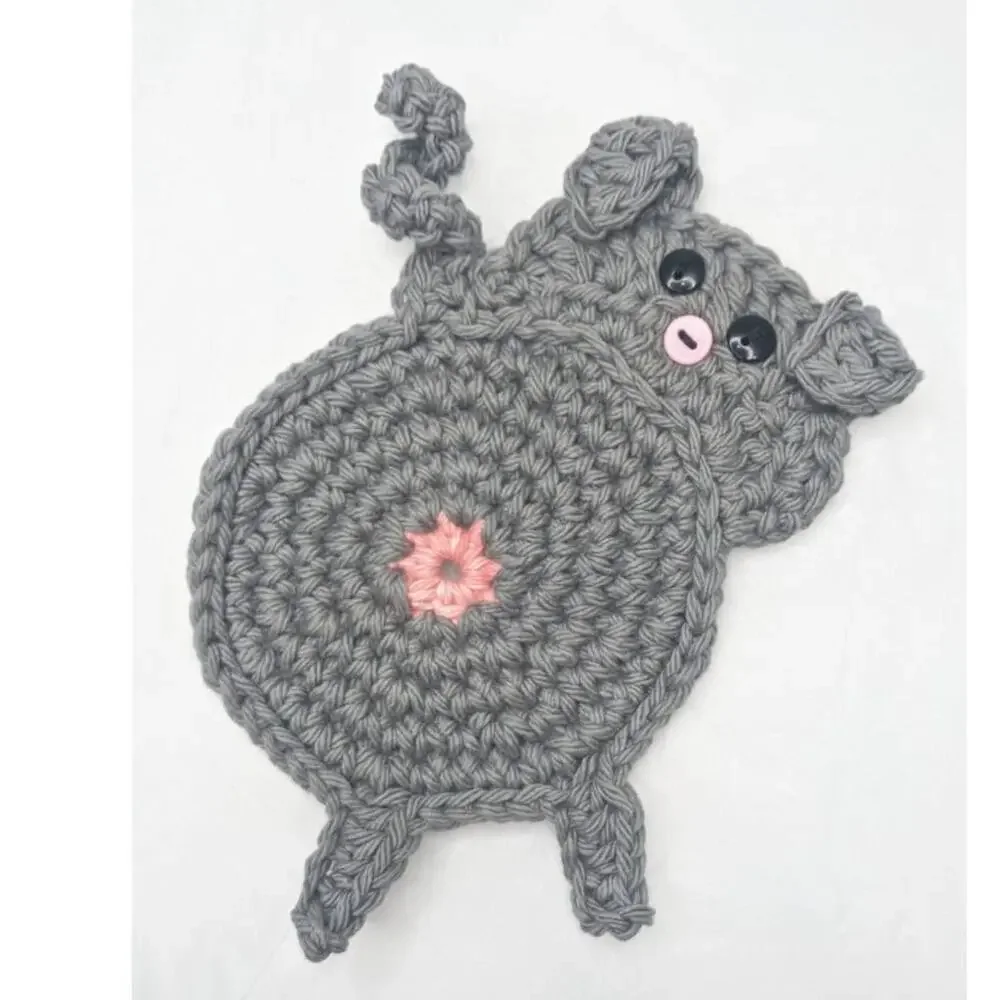 Crochet Pig Butt Coasters Hand Crafted Set of Two Peeking Piggy Table Mug Rug